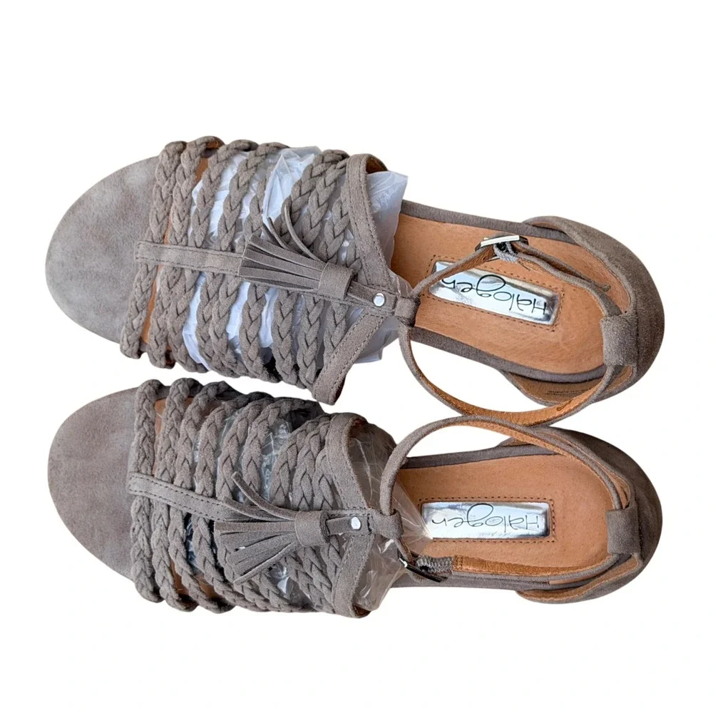 Halogen Braided Suede Sandals Womens 5.5 Taupe Grey Flat T-Strap Tassel Boho